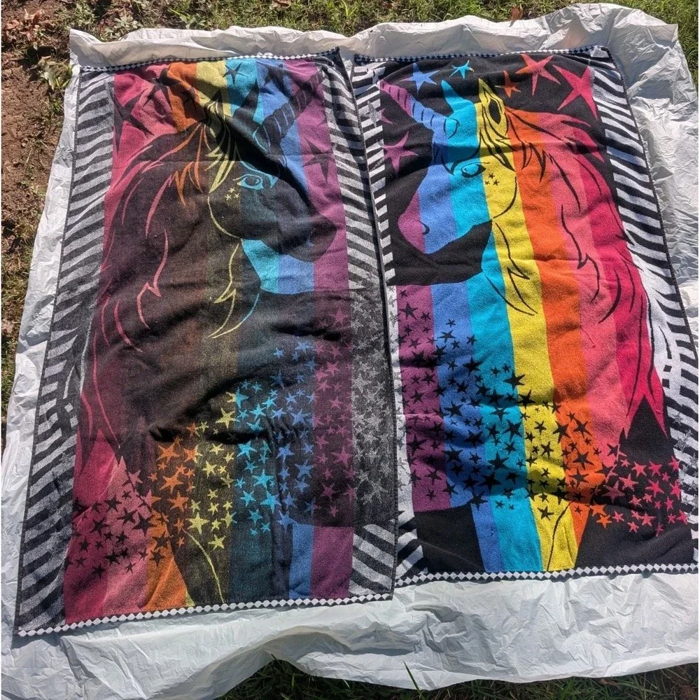 2x Sonoma Outdoors Rainbow Unicorn Beach Bath Towels 59x32 Reversible